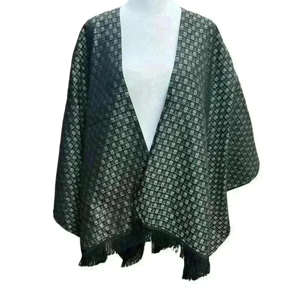 Unique fringed wrap cape with metallic green & gold indigenous figures OSFM